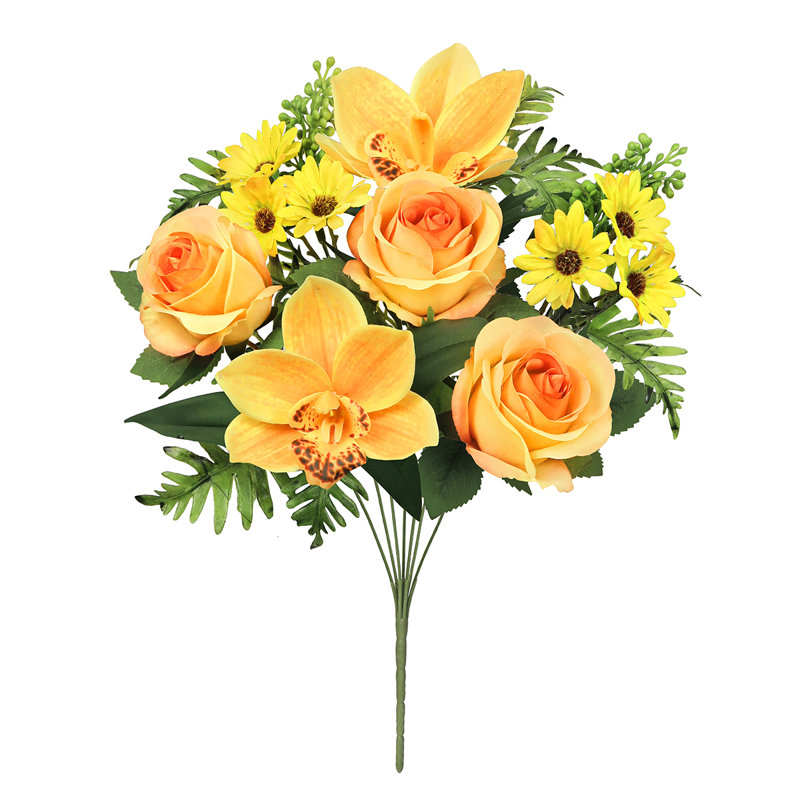 Bouquet de tiges de fleurs artificielles et orchidées roses, Orange jaune