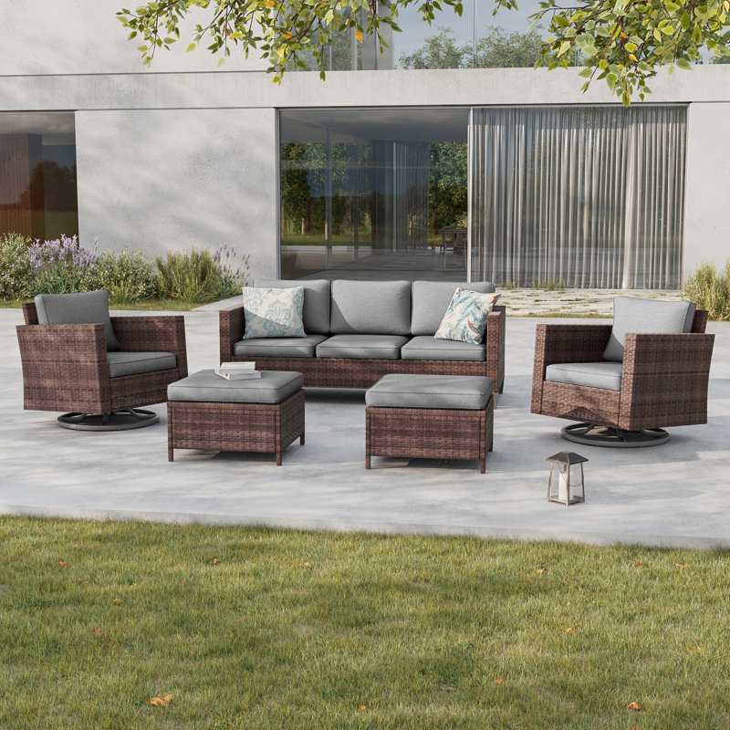 Harloe 5 - Person Outdoor Swivel Rocking Chair Seating Group with Cushions, Gray, Brown