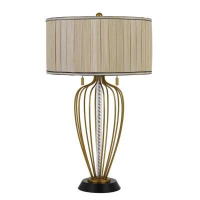 Lampe de table Laval en métal de 76 cm de haut avec abat-jour plissé en lin souple, cage en forme d'urne, finition laiton antique et noire, chaînette, culot E26, 2 x 60 W