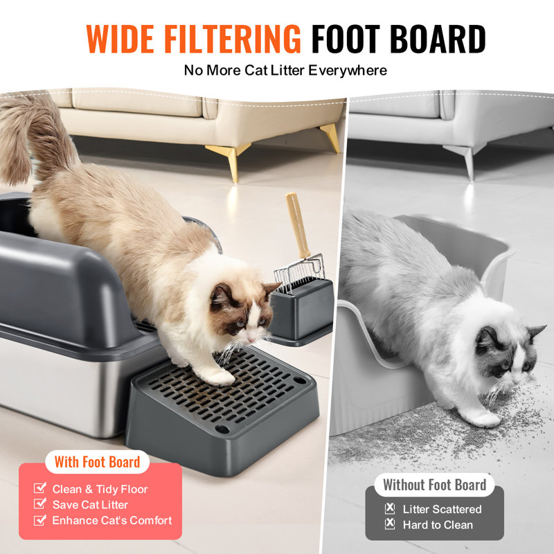 Extra Large Dark Gray Stainless Steel Covered Cat Litter Box with Scoop