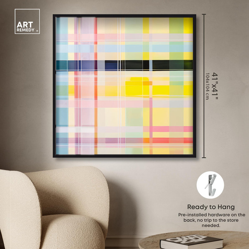 «Urban Plaid II», impression abstraite, boîte-cadre par Art Remedy, H 41 po x l 41 po, Noir