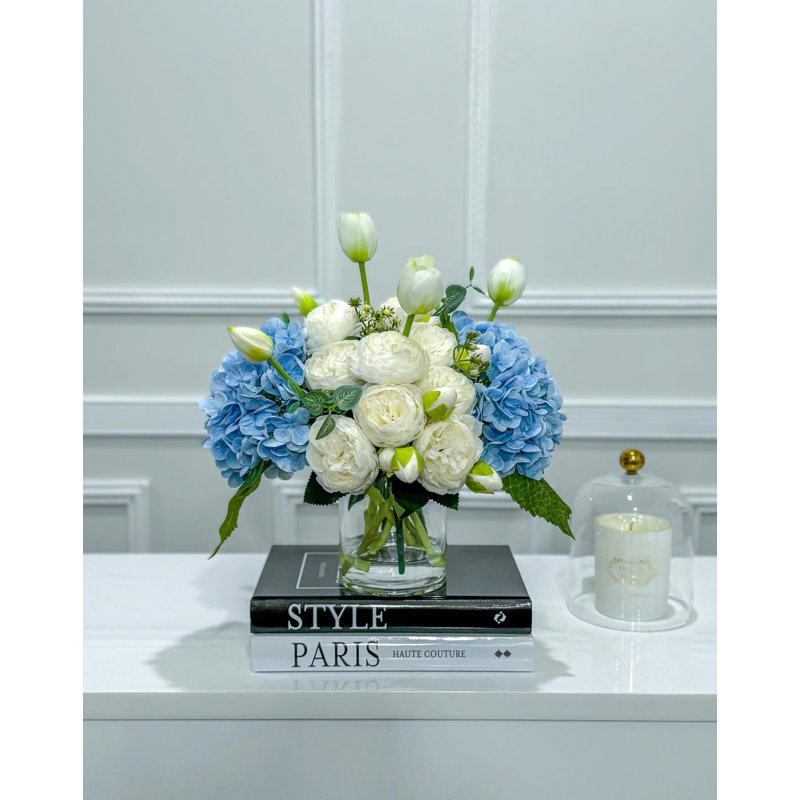 French Country Blue Floral Peony Vase Centerpiece