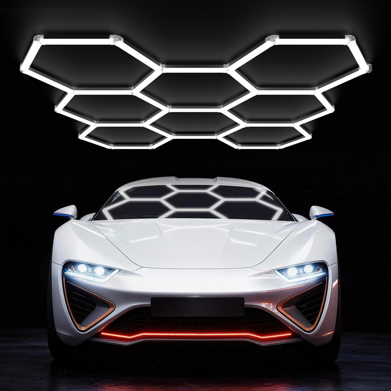 Modern Hexagon LED Ceiling Light with 8 Grids, DIY Honeycomb Design for Garage, Studio, Gym or Game Room