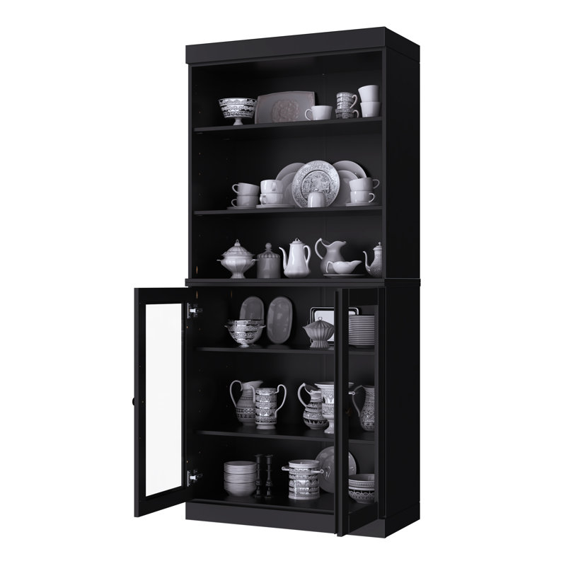 Garde-manger 32 po Kaniesha en bois massif avec portes en verre transparent et tablettes réglables, Noir