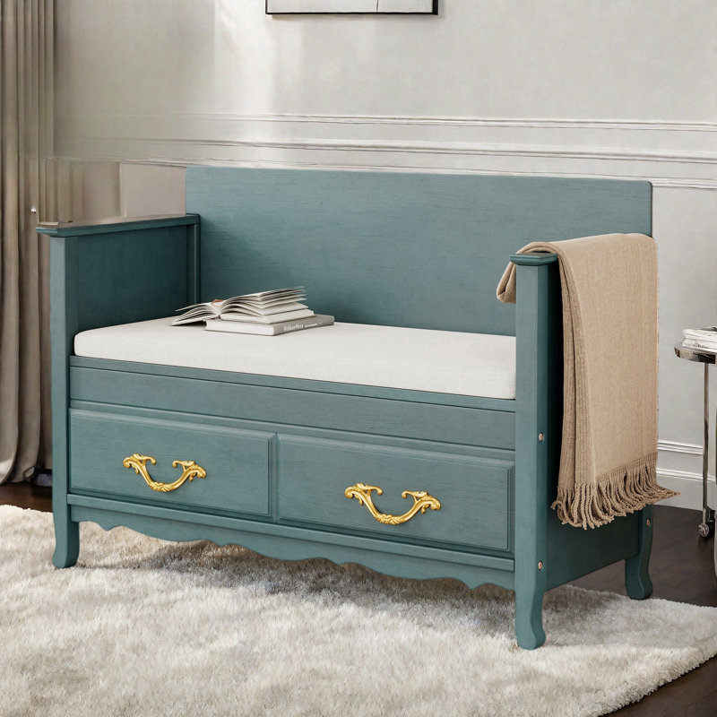 Retro Bench With Removable Cushion, Hidden Storage Space, Brass Handles And Intricate Carved Accents, Antique Turquoise