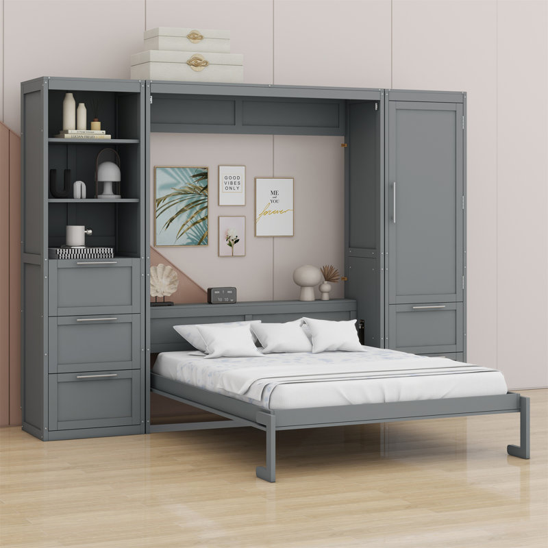 Lit escamotable Murphy avec placard, tiroirs et tablettes, Gris