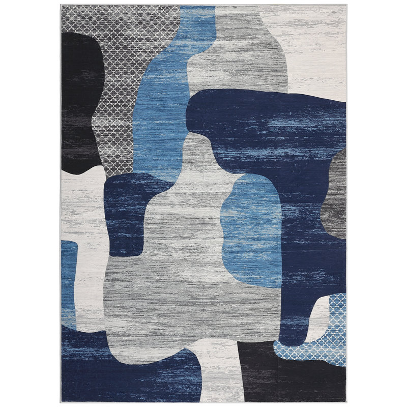 Modern Abstract Contemporary Area Rug 9x12 Washable Rugs Soft Touch Throw Carpet Non Shedding Stain Resistant Throw Carpet With Non-Slip Backing For Bedroom Nursery Apartment Living Room,Blue