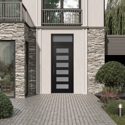 C9 Right-Hand 36 In. X 96 In. Panel Black Steel Black And White Frosted Glass With Transom Frosted Glass Prehung Front Entry Door