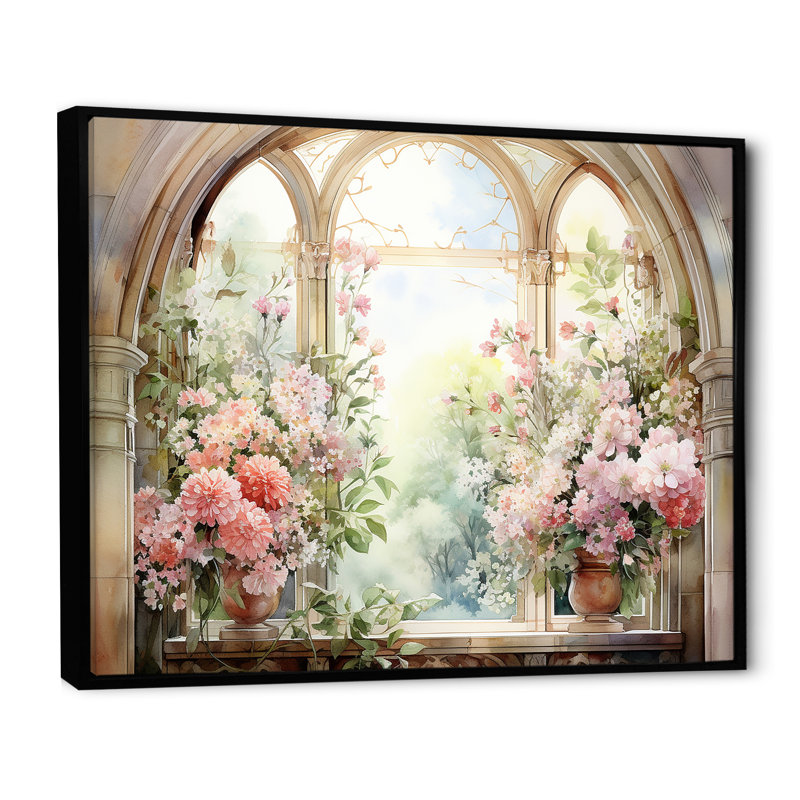 «Pink Blossoming Country Window Gaze V», reproduction d'art sur toile, Cadre flottant noir, H 34 po x l 44 po x P 1,5 po