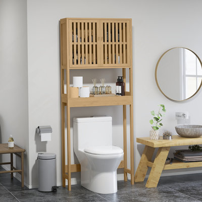 Armoire de rangement en bambou au-dessus de la toilette, organisateur de salle de bain au-dessus de la toilette avec portes à lattes, tablette réglable et tablette ouverte, naturel