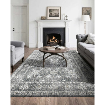 Area Rug, 8 x 10 ft Large Washable Rug, Non-Slip and Tear-Resistant Soft Carpet, Pet & Child Friendly Vintage Area Rugs, Indoor Mat for Bedroom, Living Room, Kids Room, Entryway, Office, Gray