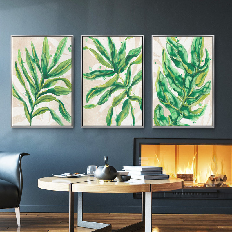 Parchment Palms I - Ensemble de 3 cadres flottants sur toile, H 40 po x l 78 po, Argent