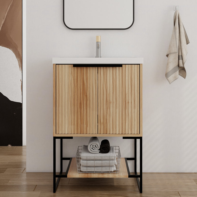 Meuble-lavabo simple avec plateau 23,94 po Zylphia, Naturel, Noir mat