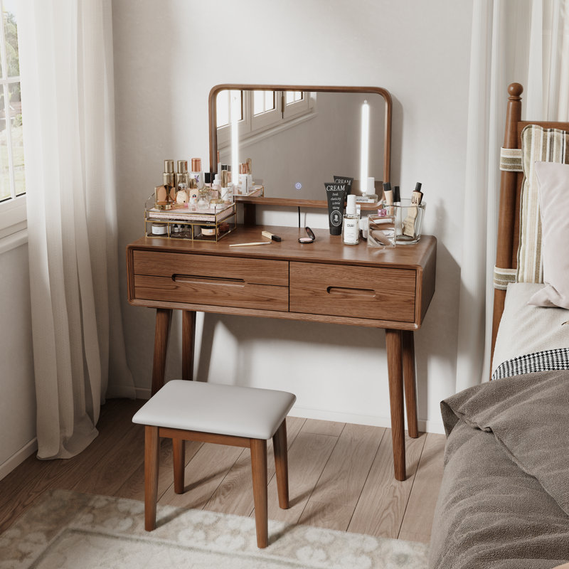 Solid Wood Makeup Vanity, Detachable Mirror, Adjustable Lighting, Equipped with Three Drawers, Brown