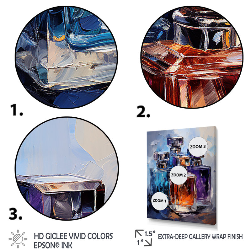 Bleu et mauve, bouteilles parfumées, élégance - Parfums, art mural, Toile tendue, H 32 po x l 24 po