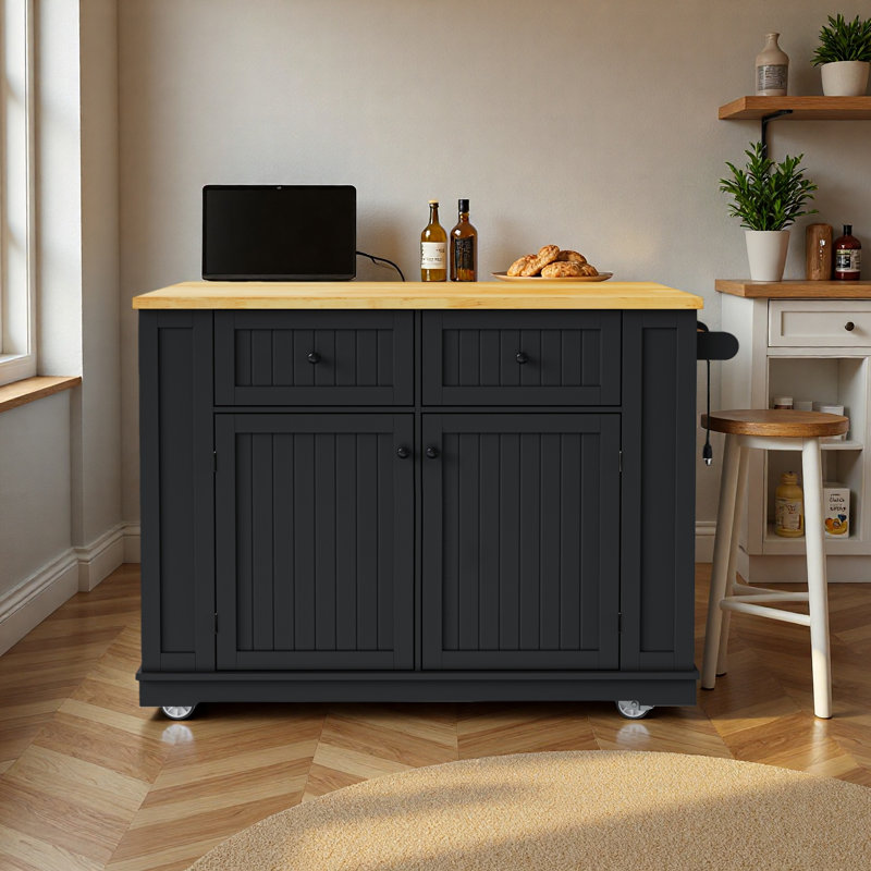 48 Inch Large Kitchen Island With Drop Leaf,Power Outlet,Internal Storage Rack,Rolling Kitchen Storage Cart On 5 Wheels With 5 Open Side Racks For Kitchen
