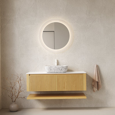 Ensemble de meuble-lavabo fonctionnel avec tiroirs et tablette ouverte, idéal pour les espaces de salle de bain organisés et élégants.