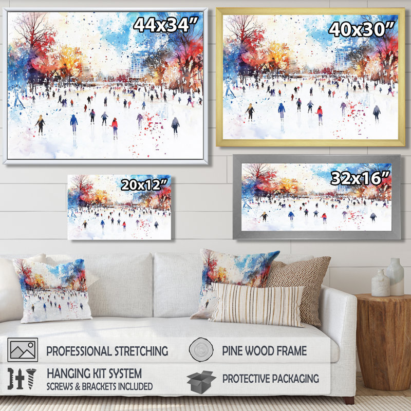 Ice Skating Rink I - Winter Landscape Wall Art Living Room, 24" H x 32" W, Floater Framed Print, Brown