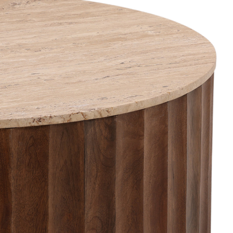 Milburn Round Natural Stone and Medium Brown Wood Coffee Table