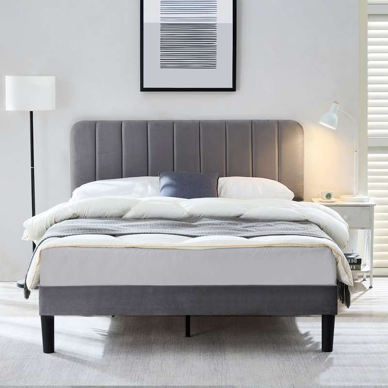 Upgraded Velvet Upholstered Platform Bed with Adjustable Headboard, Reinforced & Quiet Design, No Box Spring Needed, Sturdy Wood Slat Support, Easy Assembly