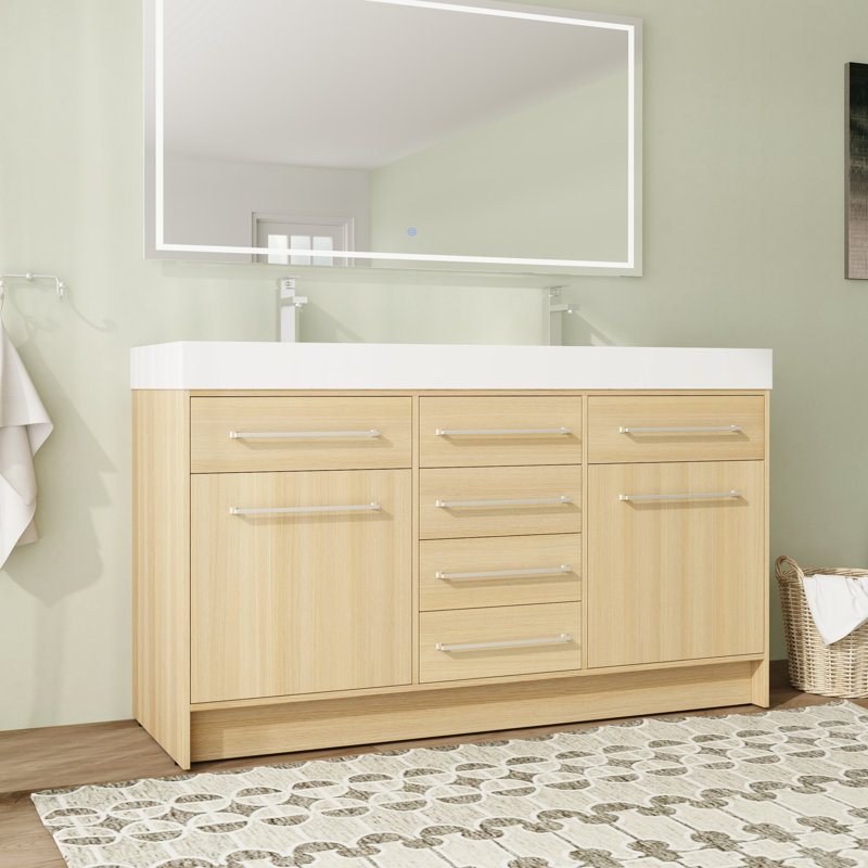 60 inch Free standing Double Bathroom Vanity With Resin Vanity Top