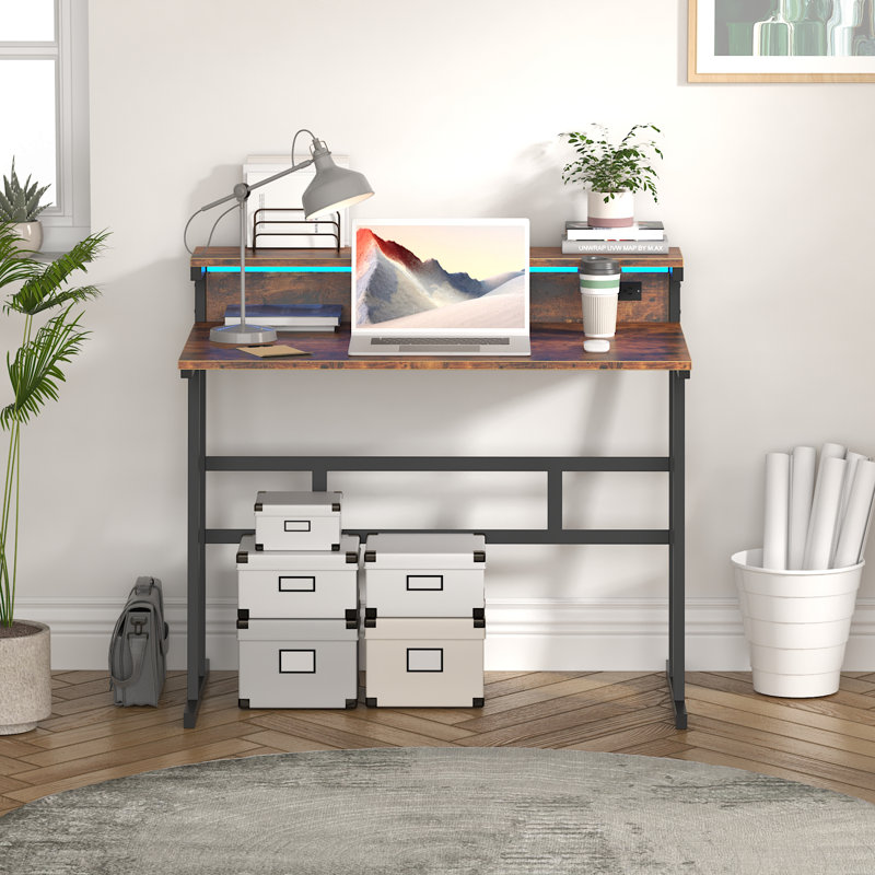 Small Computer Desk,Computer Desk with Power Outlets & Led Light,Home Office Desk with Monitor Shelf,, Brown