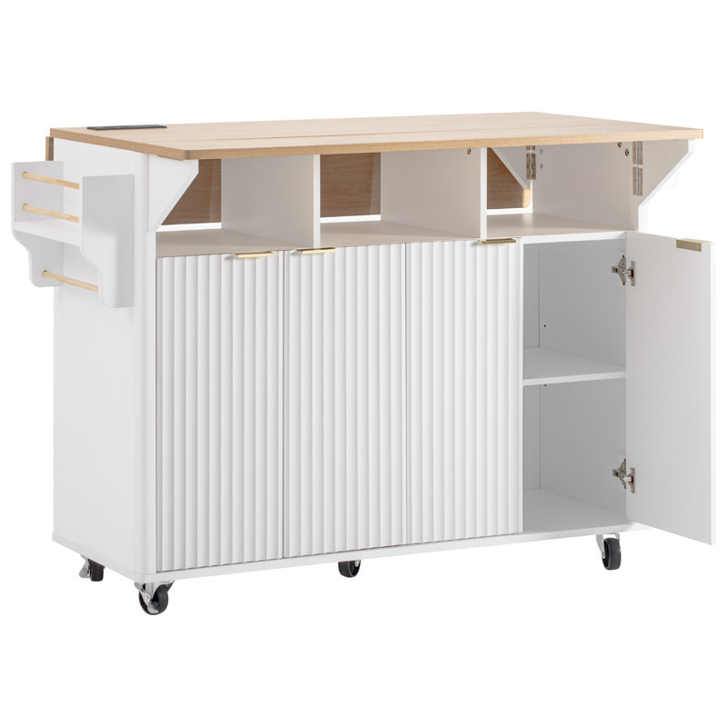Fluted Kitchen Island With 2 Drop Leaf, Kitchen Storage Cart With Power Outlet, 4 Doors, Spice Rack, Rolling Island Table With Wood-Grain Top, Curved Edge For Kitchen, Dining Room