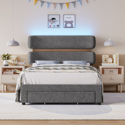 Smart LED Upholstered Bed with Wall Wash Lighting, Chenille Fabric, and Storage Drawers, Twin