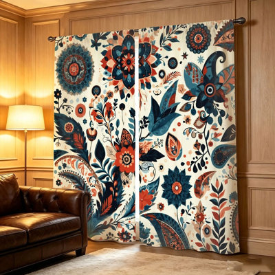 2 pièces de rideaux à motif floral cachemire bohémien rétro, impression recto-verso, obscurcissement de la pièce et protection de la vie privée, conception à passe-tringle, parfait pour la vie, la chambre à coucher, le balcon, la cuisine