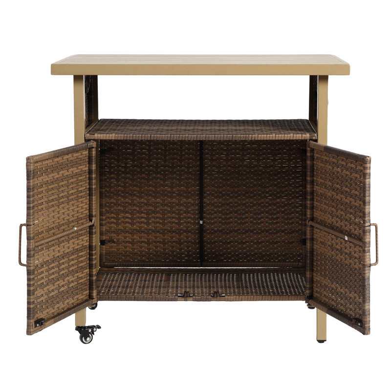 Outdoor Wicker Bar Cart, Patio Wine Serving Cart W/Wheels , Rolling Rattan Beverage Bar Counter Table W/Glass Top For Porch Backyard Garden Poolside Party