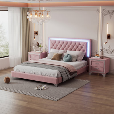 3-Pieces Bedroom Sets,Queen Size Upholstered Platform Bed With LED Lights And Two Nightstands -  STYLISH, OKKK612-HL000055AAH