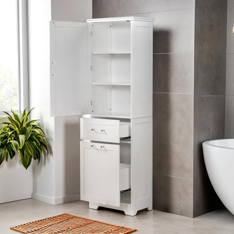Armoire de rangement autoportante de 68,1 po de hauteur pour salle de bain, Blanc