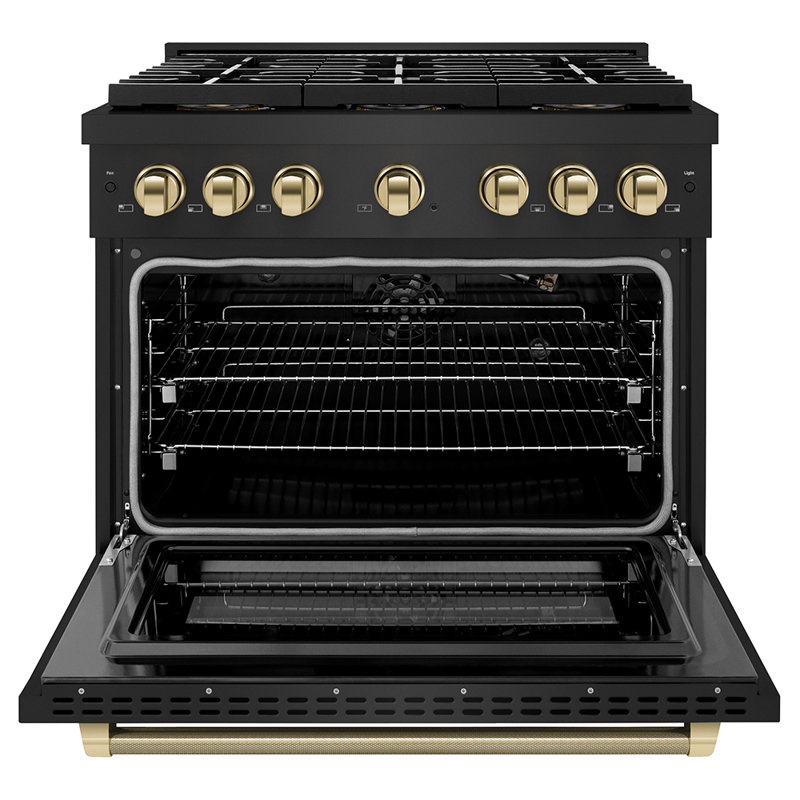 ZLINE Autograph 36 in. Paramount DuoPro Gas Range in Black Steel with Polished Gold Helix Handles, Polished Gold