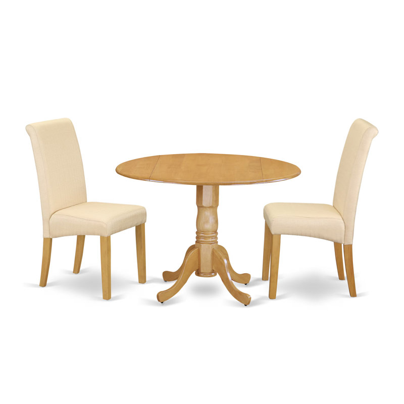 L'ensemble de table de salle à manger 3 pièces contient une table ronde avec Dropleaf et 2 chaises rembourrées en tissu de lin beige clair, 42 x 42 pouces, chêne