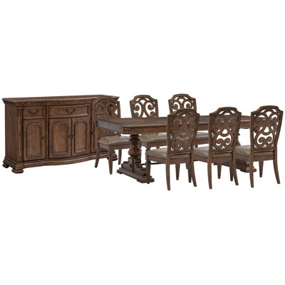 Extendable Trestle Dining Table With 6 Side Chairs And Buffet