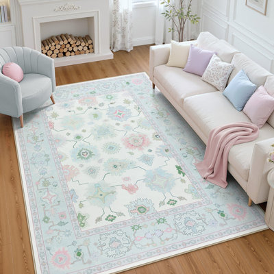 Boho Oushak Area Rugs, Washable Non-Slip Rugs, Oriental Floral Soft Thin Indoor Carpet