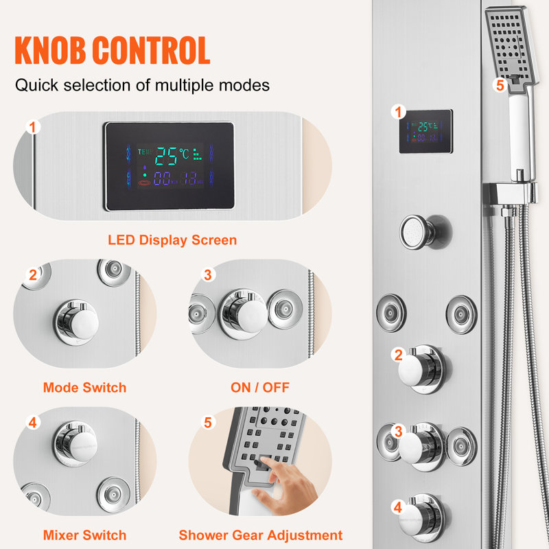 52.9'' Stainless Steel Wall-Mounted Shower Panel with LED Display