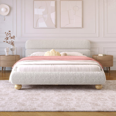 Contemporary Low Profile Upholstered Bed With Teddy Fleece Fabric And Solid Round Legs Stylish Curve-Shaped Design For Bedroom,Queen Size,White