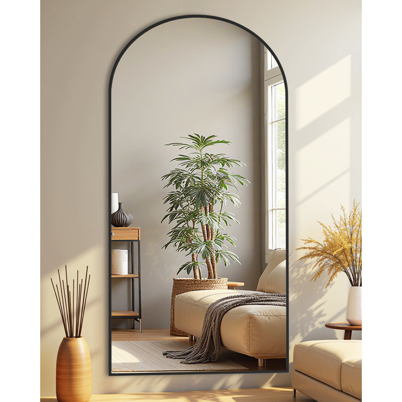 Arched Black Floor Mirror With Stand, 38x77 Inch Freestanding Full Body Mirror For Bedroom, Black, 76" x 34"