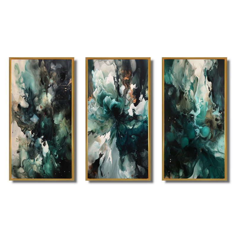 Art mural vert et blanc marbré III - art abstrait géométrique, ensemble de 3, Cadre flottant doré, H 40 po x l 60 po