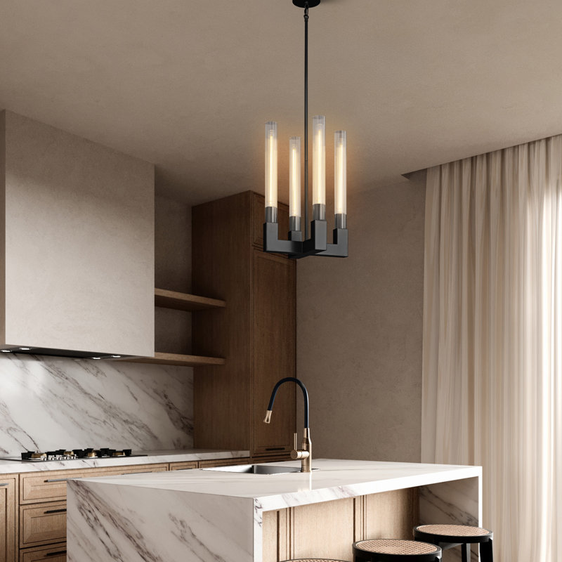 Lustre 4 lumières avec abat-jour en verre, Noir mat