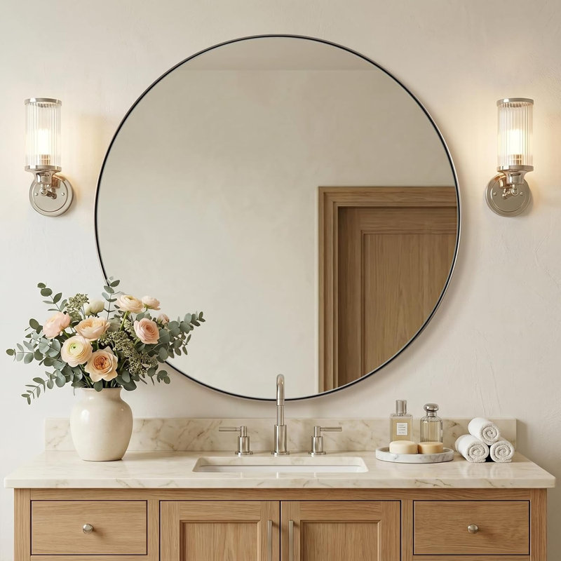 Miroir de salle de bain Kaitlee Cadre en acier inoxydable, 36 po x 36 po, Chrome poli, Round