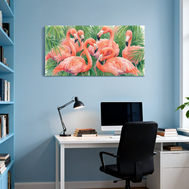 Animaux flamants roses au milieu de feuilles de palmier tropicales, H 20 po x l 40 po