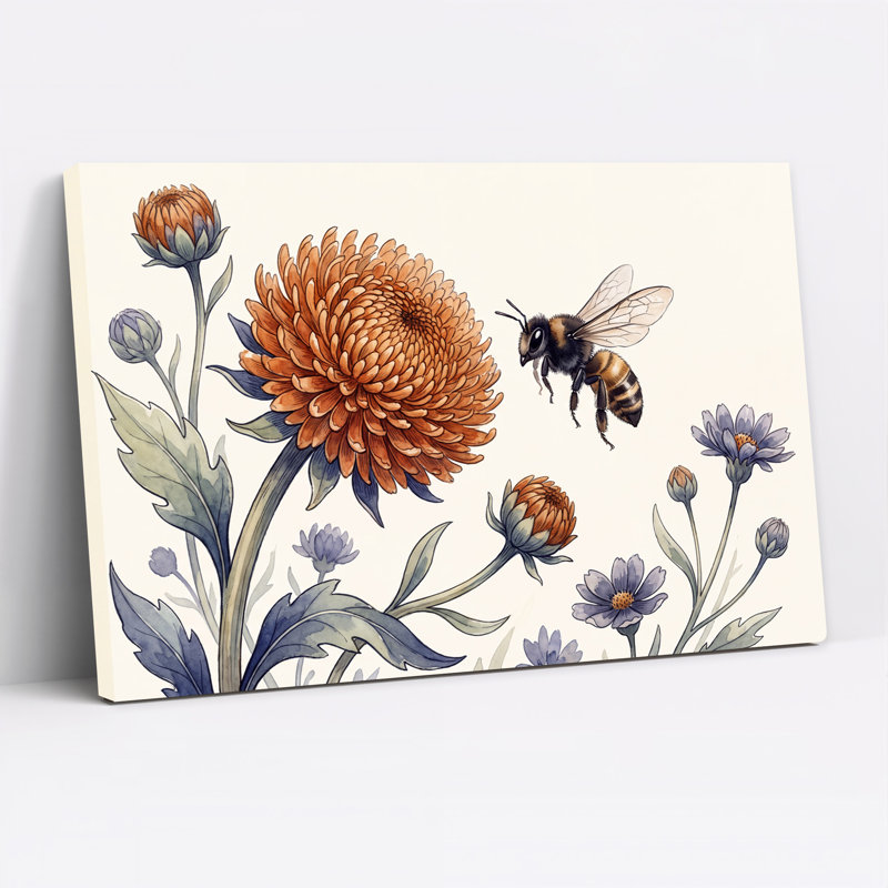 Illustration botanique sur toile représentant un chrysanthème orange et une abeille, H 16 po x l 24 po