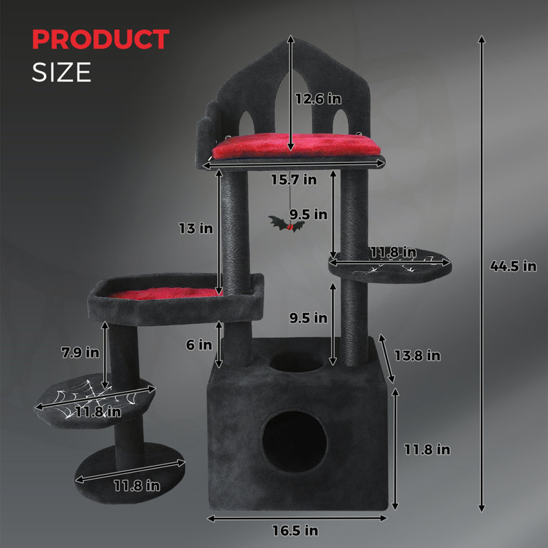 Arbre à chat multi-niveaux gothique avec poteaux à griffer, perchoirs, hamac et caverne pour chats d'intérieur.