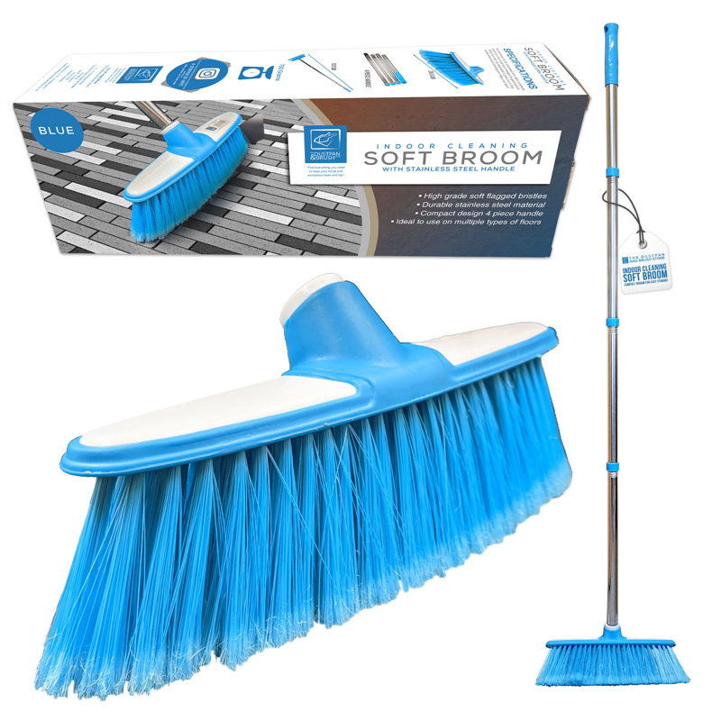 Long Handled Indoor Sweeping Broom Soft Bristle Brush, Blue