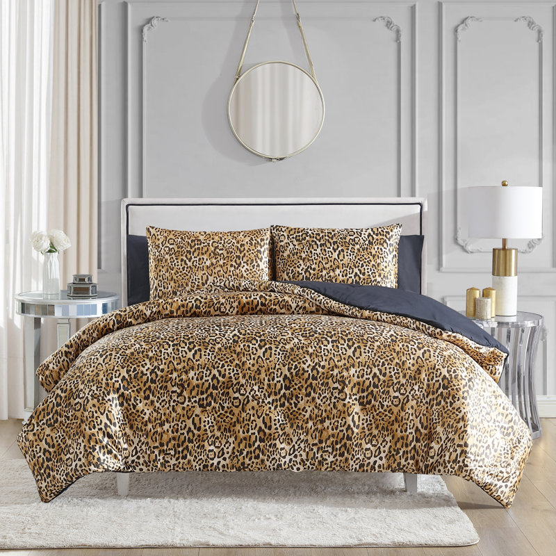 Juicy Couture Cheetah Leopard Print Reversible Satin Comforter & Shams Bedding Sets, Twin XL Comforter + 1 Standard Sham