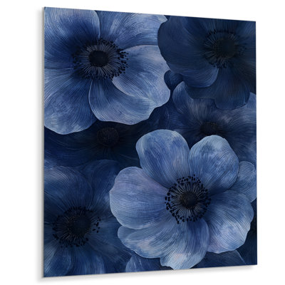 Blooming Blue Symphony Of Anemone At Night I - Poppies Metal Art, Traditional Metal Print