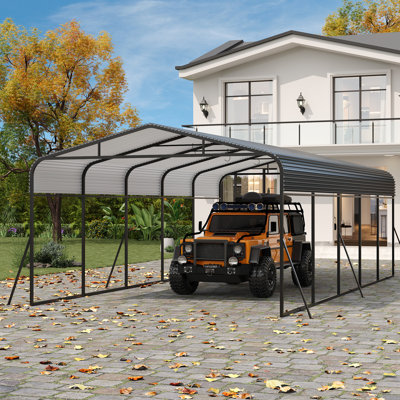 Abri de voiture en métal 13 pi x 26 pi avec base renforcée et toit en acier galvanisé, abri de voiture robuste pour VUS, camion, bateaux