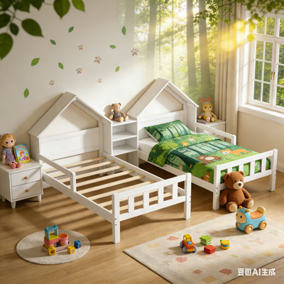 Double base de lit plateforme simple en bois avec tête de lit en forme de maison et table de chevet intégrée pour les enfants, les adolescents, les garçons et les filles, aucun sommier nécessaire, assemblage facile, blanc